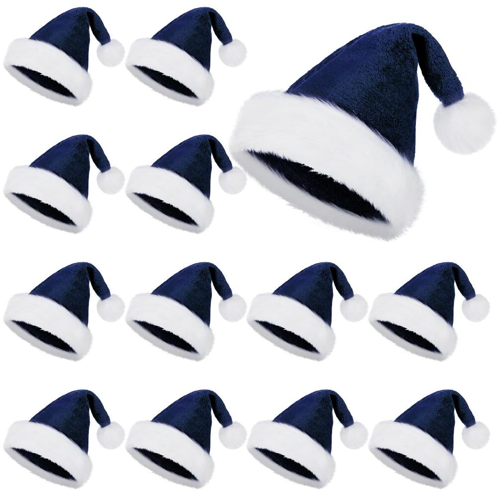 1636 12 Pack Plush Santa Hat Bulk Blue Christmas Santa Hat for Xmas Party